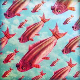 Goldfish, Koi, Sky, Clouds, 1900S, Fish, Wall Hanging, Pull Down Chart, Surreal, Fantasy, Nature, Ocean Lover, Antique Image - thumbnail 3
