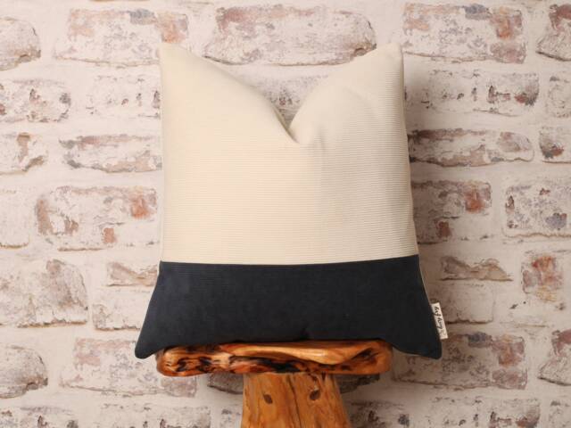 Ecru Cream & Navy Blue Corduroy Cushion Cover, Mid-Century, Boho - image 1
