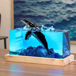 Humpback Breaching Resin Night Light, Epoxy Wood Lamp, Tabletop Art Decor, Christmas Gift - thumbnail 1