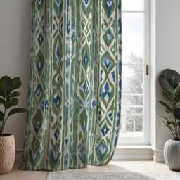Boho Ikat Curtains, Green Blue Vertical Geometric Print Drapes, Custom Size Window Panels For Stylish Living Room Decor - thumbnail 2