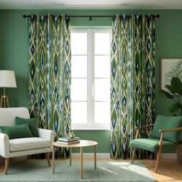 Boho Ikat Curtains, Green Blue Vertical Geometric Print Drapes, Custom Size Window Panels For Stylish Living Room Decor - thumbnail 1