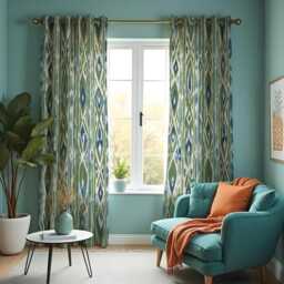 Boho Ikat Curtains, Green Blue Vertical Geometric Print Drapes, Custom Size Window Panels For Stylish Living Room Decor - thumbnail 3