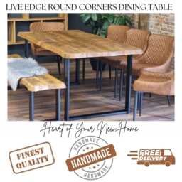 Croxby Sq Live Edge Round Corners Dining Table - Wooden Rustic Industrial Square Frame Steel Legs Cotswold - thumbnail 2