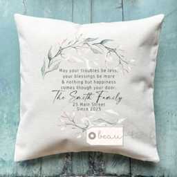 Personalised New Home Sweet Address Housewarming Botanical Greenery Design Quote Linen Style Cushion Home Gift