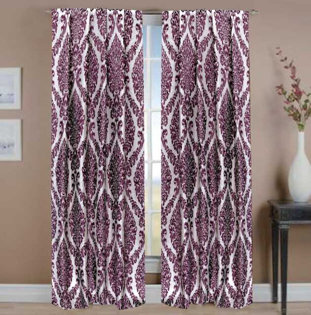 Purple Damask Burntout Velvet Curtain Panels - Rod Pocket, Grommet, Box Pleat, Three Pinch Tab Top & Plain Ring Top - image 1