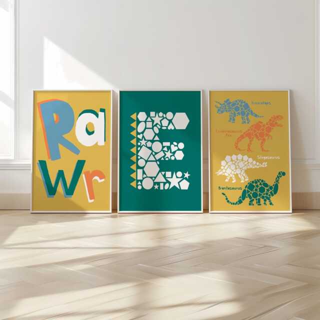 Dinosaur Theme, Set Of 3, Boys Bedroom, Personalised, Dinosaur Prints, Animal Nursery, Toddler Wall Art, Kids Room, Mustard Yellow Green - image 1