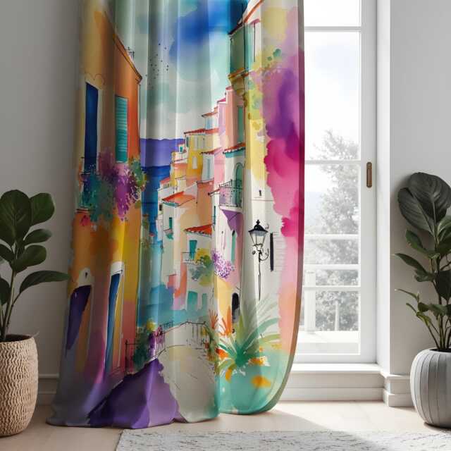 Vibrant Coastal Village Watercolor Curtains, Colorful Italian Town Scene Drapes, Custom Sizes, Mediterranean Window Treatment - image 1