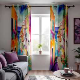 Vibrant Coastal Village Watercolor Curtains, Colorful Italian Town Scene Drapes, Custom Sizes, Mediterranean Window Treatment - thumbnail 2
