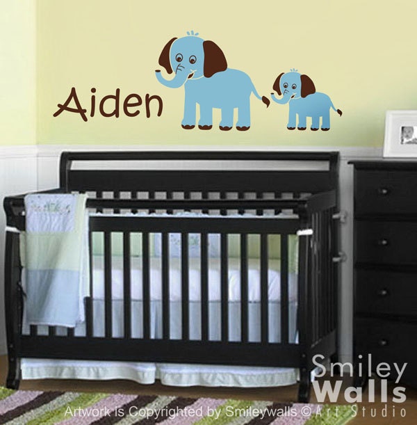Elephants Wall Decal, Custom Name Mother & Baby Elephant, Personalized Vinyl Decal Sign For Kids Nursery Wall Art Room Decor - image 1