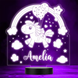 Cute Unicorn Flying On Balloons Rainbow Stars Gift Colour Change Night Light - thumbnail 1