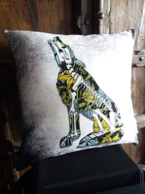 Anatomical Wolf Skeleton Floral Cushion, Kiyiya Wolves in Gothic Home Decor Pillow