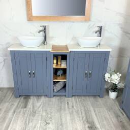 Hand Crafted Grey Painted Bathroom Vanity Unit - Quartz Top, Double Sink