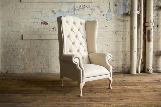 British Handmade Cream Herringbone Wool Fabric Chesterfield High Back Wing Chair - image 1