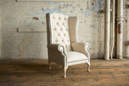 British Handmade Cream Herringbone Wool Fabric Chesterfield High Back Wing Chair