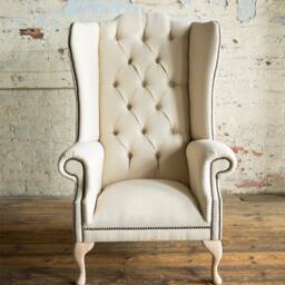 British Handmade Cream Herringbone Wool Fabric Chesterfield High Back Wing Chair - thumbnail 3