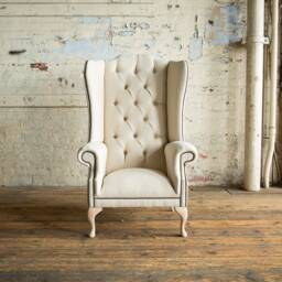 British Handmade Cream Herringbone Wool Fabric Chesterfield High Back Wing Chair - thumbnail 2