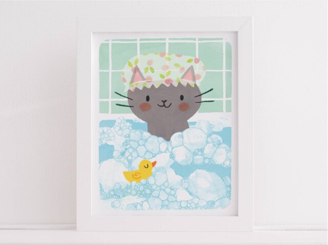 Kids Bathroom Art Print, Cute Cat Art Print, Decor, Childrens Artwork, Bubble Bath Print - image 1