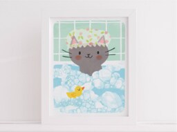 Kids Bathroom Art Print, Cute Cat Art Print, Decor, Childrens Artwork, Bubble Bath Print - thumbnail 1