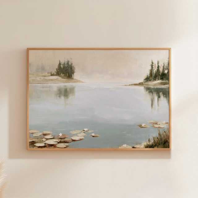 Misty Pond Landscape Poster, Water Lily Paper Wall Art - image 1