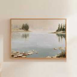 Misty Pond Landscape Poster, Water Lily Paper Wall Art - thumbnail 1