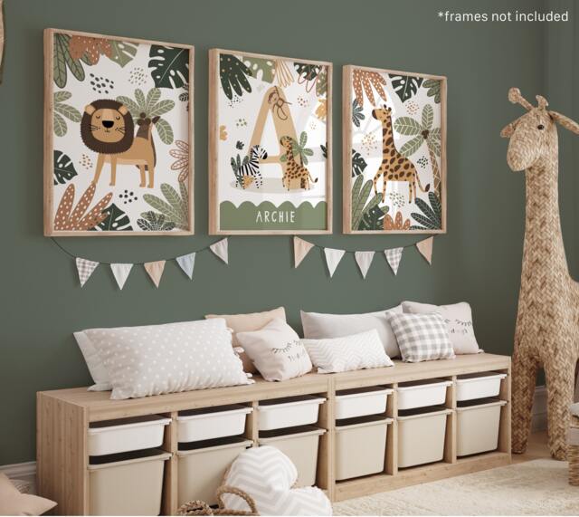 Set Of 3 Personalised Safari Animals Prints, Name Print, Giraffe Lion Jungle Scandi Kids Art - image 1
