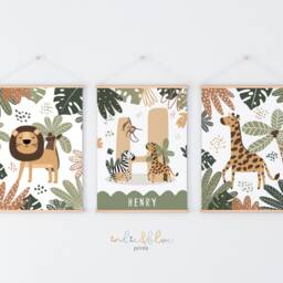 Set Of 3 Personalised Safari Animals Prints, Name Print, Giraffe Lion Jungle Scandi Kids Art - thumbnail 2