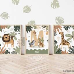 Set Of 3 Personalised Safari Animals Prints, Name Print, Giraffe Lion Jungle Scandi Kids Art - thumbnail 3
