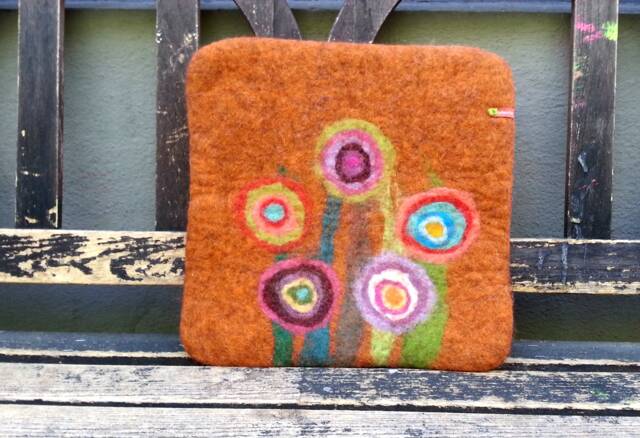 Handfelted Seat Cushion With Big Flowers, Copper - image 1