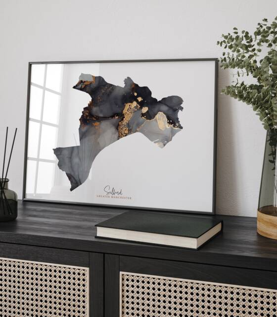 Salford Map Black & Gold Wall Art Print - Greater Manchester England United Kingdom Great Britain - image 1