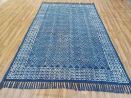 Handmade Block Printed Cotton Rug Indigo Chevron Design