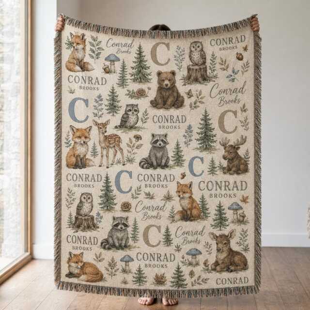 Personalized Woodland Animal Woven Blanket, Custom Name Forest Baby Rustic Nursery Decor, Shower Gift - image 1