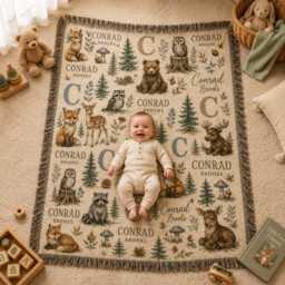 Personalized Woodland Animal Woven Blanket, Custom Name Forest Baby Rustic Nursery Decor, Shower Gift - thumbnail 3