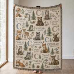 Personalized Woodland Animal Woven Blanket, Custom Name Forest Baby Rustic Nursery Decor, Shower Gift - thumbnail 1