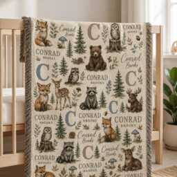 Personalized Woodland Animal Woven Blanket, Custom Name Forest Baby Rustic Nursery Decor, Shower Gift - thumbnail 2