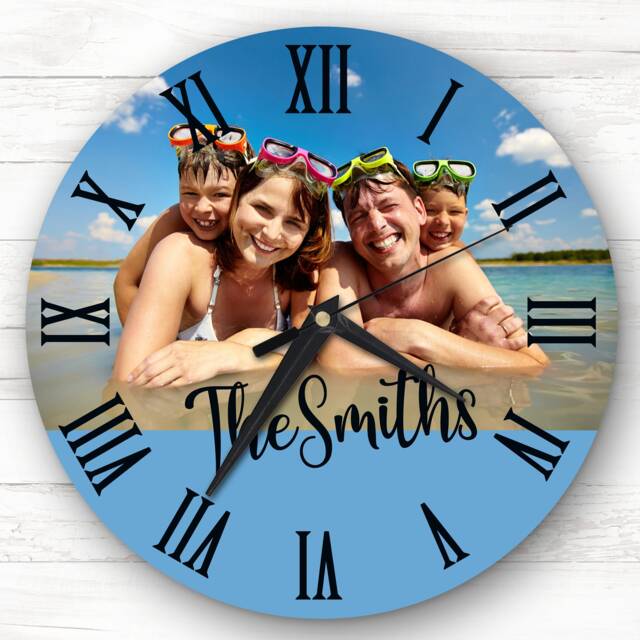 Any Family Photo Blue Semicircle Bottom Personalised Gift Clock - image 1