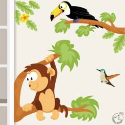 Monkey Toucan Wall Decal Jungle - Hummingbird Decor For Children's Room Tropical Set Baby's Hand-Drawn, Made in Germany - thumbnail 1