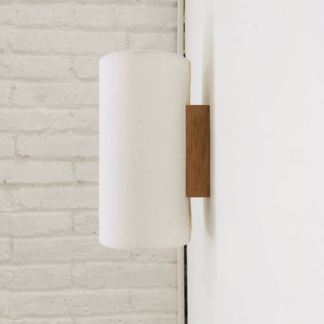 Wall Light Made Of Oak Wood & White Linen Fabric. For Japandi Style Home Lighting Decoration - image 1