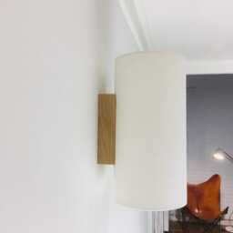 Wall Light Made Of Oak Wood & White Linen Fabric. For Japandi Style Home Lighting Decoration - thumbnail 2