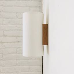 Wall Light Made Of Oak Wood & White Linen Fabric. For Japandi Style Home Lighting Decoration