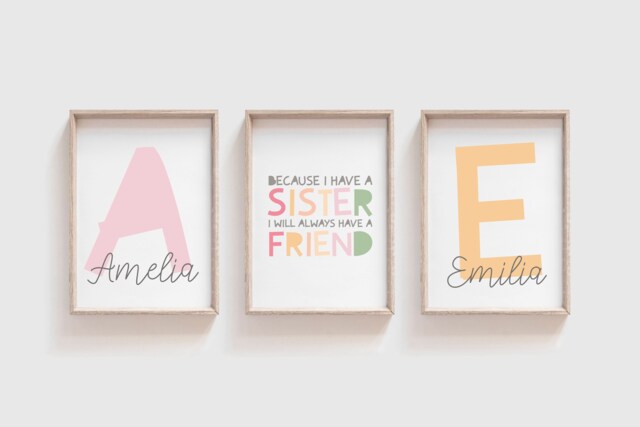 Set Of 3 Girls Pastel Nursery Prints, Sister Wall Art, Sisters Bedroom Decor, Sibling Shared Bedroom, Personalised - image 1