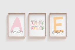 Set Of 3 Girls Pastel Nursery Prints, Sister Wall Art, Sisters Bedroom Decor, Sibling Shared Bedroom, Personalised - thumbnail 1