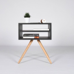 Mid Century Bedside Table With Open Plan in Oak & Gray Stone/End Made Of Wood Modern Nightstand Scandinavian Style - thumbnail 3