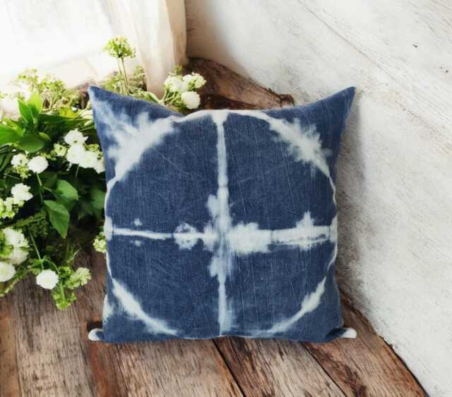 Burnt Orange Faux Leather & Batik Denim Pillow Cover Set - 18x18'' - image 1
