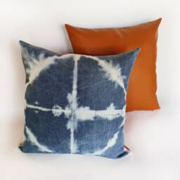 Burnt Orange Faux Leather & Batik Denim Pillow Cover Set - 18x18'' - thumbnail 4