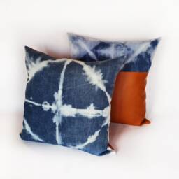 Burnt Orange Faux Leather & Batik Denim Pillow Cover Set - 18x18'' - thumbnail 2
