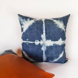 Burnt Orange Faux Leather & Batik Denim Pillow Cover Set - 18x18'' - thumbnail 3