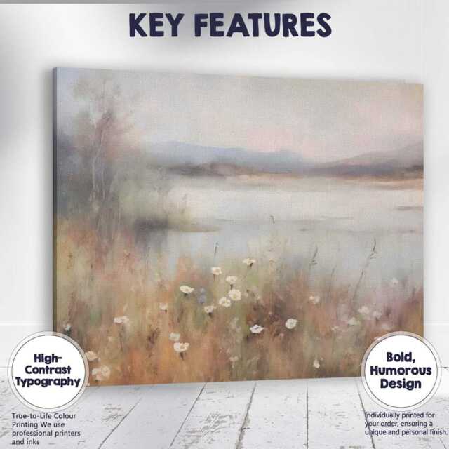 Dreamy Wildflower Meadow Lake Mist Pastel Landscape Canvas Wall Art Print Decor Picture Ready To Hang - image 1
