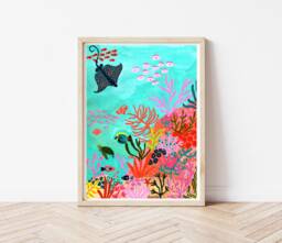 Under The Sea Print , Starfish Fish Ocean Holiday Travel Prints Under Water Hand Painted Designs - thumbnail 1