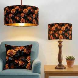 Handmade By Order Orange Roses On Black Velvet Pattern Drum Shape Lamp Shade Pendant Light All Shapes & Sizes Available - thumbnail 1