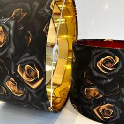 Black & Gold Roses Velvet Drum Lamp Shade Handmade Luxury Lighting - thumbnail 2